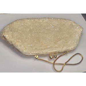 Vintage Ivory Sequin Pearl Bead Bridal Clutch Gold tone Rhinestone Clasp Chain